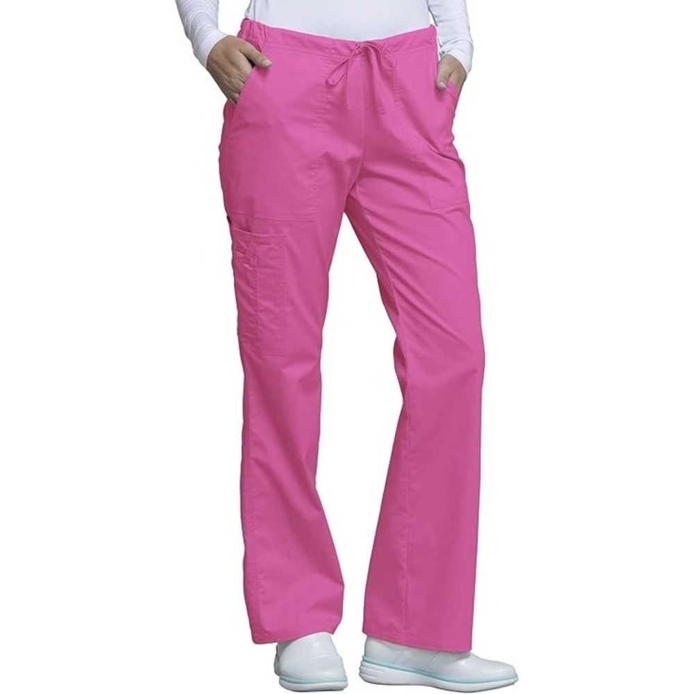 Cherokee Scrub Pants‎ Women Mid Rise Flare Leg Drawstring Cargo Shocking Pink S